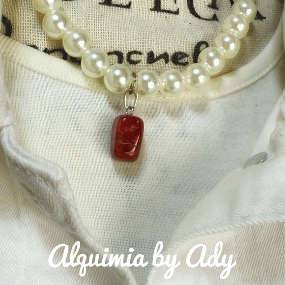 PEARLS AND RED JASPER CHOKER NECKLACE - Picture 2 of 2